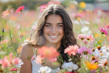 Fototapeta premium A woman is smiling in a field of flowers. The flowers are pink and yellow. The woman is wearing a white tank top