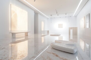 Pure White Reflections: Minimalist Gallery Exhibition Space with Reflective Floors