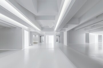 Monochromatic Geometry: Expansive Minimalist White Interior in Abstract Light