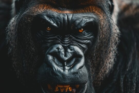 Furious and Dangerous: Closeup of Angry Gorilla Face Looking at Camera with Futuristic Background