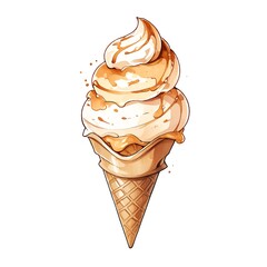 Waffle cone ice cream sketch watercolor illustration isolated on white. AI generated