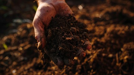 Close-Up of Agriculture. Hand Holding Dark Composted Peat Moss Over Brown Cultivated Soil - obrazy, fototapety, plakaty