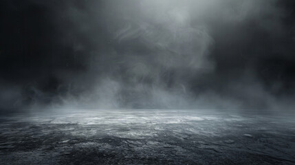 Eerie atmosphere evoked by abstract image of swirling mist and fog over a desolate, dark textured surface