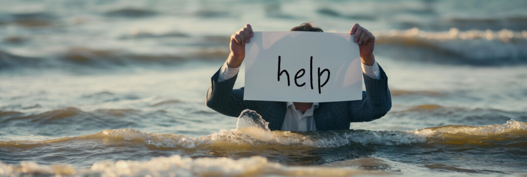 A powerful image depicting a man in water holding a help sign, eliciting a sense of urgency and struggle