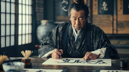 The picture of the calligrapher working inside the building, the calligrapher's work is to use...