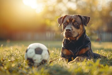 The Winning Canine: A Football Dog ready to Score a Goal in the Field with Ball and Flag