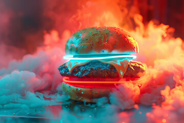 A deluxe burger that appears to emit its own light, with neon glows of cyan, red, and blue...