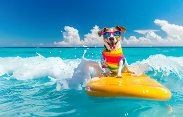 Jack Russell Terrier Puppy Surfing on a Surfboard in the Sea
