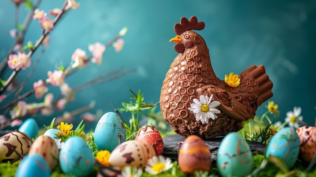 A chicken crafted with chocolate and adorned with a floral decoration
