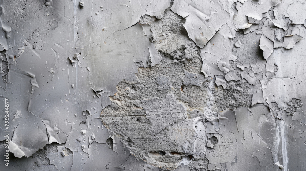 Poster close-up of a deteriorated wall with flaking gray paint, depicting decay and the passage of time
