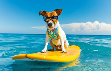 Jack Russell Terrier Puppy Surfing on a Surfboard in the Sea