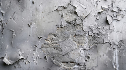 Close-up of a deteriorated wall with flaking gray paint, depicting decay and the passage of time