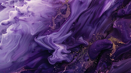 Eerie violet marble ink cascading over a somber abstract scene, gleaming with faint glitters.