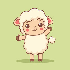 Fototapeta premium Adorable cartoon sheep with fluffy wool on a green background.