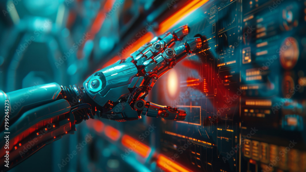 Poster robotic arm interfacing with advanced tech panel