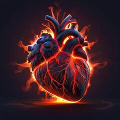 Free photo Human heart in fire, 3d illustration, isolated on black background