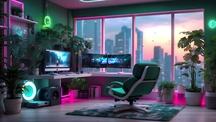 stream starting soon screen, loop, animated virtual backgrounds, cozy lo-fi living room at sunrise vtuber asset twitch overlay zoom OBS, anime chill hip hop. Cyan purple colours manga style