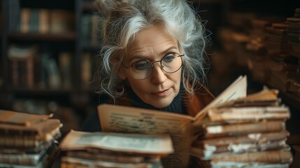 A photo of an elderly woman reading a book in a library.