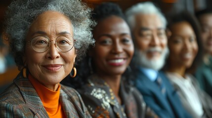 A group of diverse people of different ages are sitting together and smiling at the camera