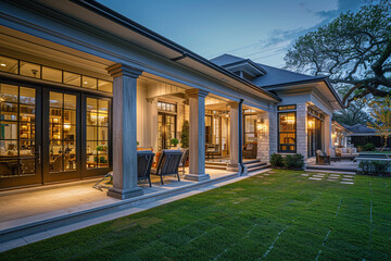 High-end residence at twilight inviting glow sophisticated patio and landscaped garden.