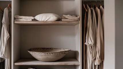 Minimalist wardrobe design with earth tone garments and wooden shelves
