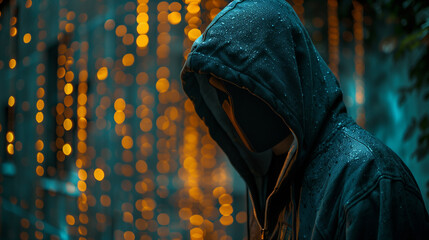 Hooded anonymous computer hacker wearing a face mask. Bokeh.