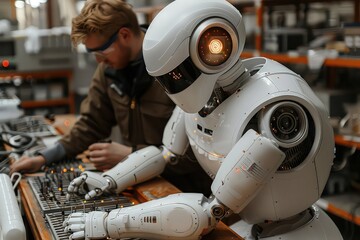 A laboratory for the creation of humanoid android robots to help humans. Scientists huddled around a control panel, orchestrating the birth of artificial intelligence.