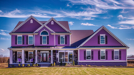 A majestic violet house adorned with siding and shutters stands proudly on a large lot in the...