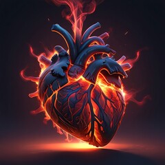 Free photo Human heart in fire, 3d illustration, isolated on black background