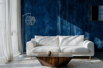 A modern, cozy living room with a deep blue velvet wall texture, featuring a minimalist white sofa, geometric wooden coffee table, and an abstract metal floor lamp. The room is bathed in soft, 