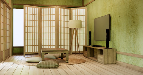 The japan low table in living room Japanese style with decoration muji minimal. 3D rendering