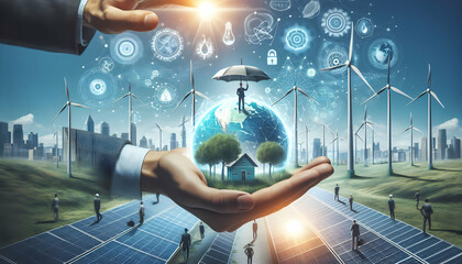 Renewable Energy Solutions Concept with Informative Banner or Logo Design: Ideal for Solar Power & Wind Energy Promotion