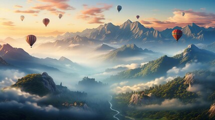 Hot air balloons over a misty mountain landscape at dawn, serene and majestic