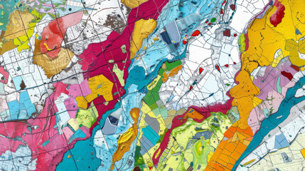 High detail texture of a vibrant, multicolored geological map for educational and scientific use