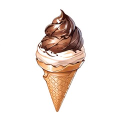 Waffle cone ice cream sketch watercolor illustration isolated on white. AI generated