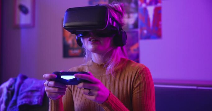 Gaming, virtual reality and woman with controller at night for entertainment, online games and esports. Gamer, neon lighting and person with vr goggles for metaverse, cyber world and competition
