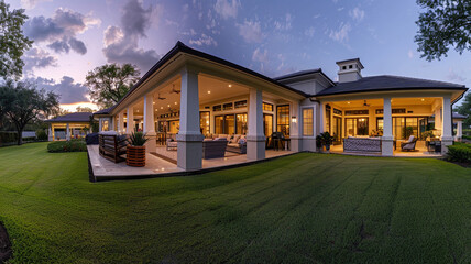 Twilight capture of an opulent residence inviting lights refined veranda and lush lawn.