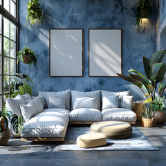 Serene Modern Living Room with Canvas Wall Art - Stock Photo