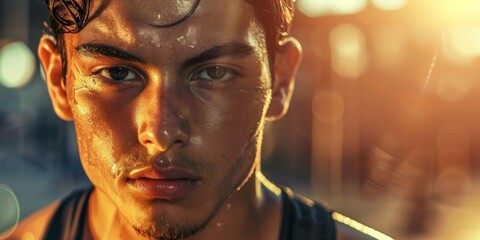 Man sweating and breathing in gym for fitness challenge, endurance, or break. Serious photo of muscular Asian bodybuilder exhausted after exercise, breathing for recuperation.