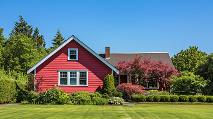 Fototapeta na wymiar A radiant raspberry red house with siding, surrounded by manicured suburban greenery, under a clear blue sky.
