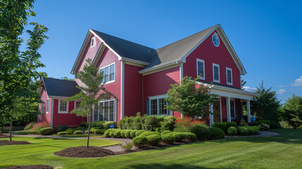 A radiant raspberry red house with siding, surrounded by manicured suburban greenery, under a clear blue sky.