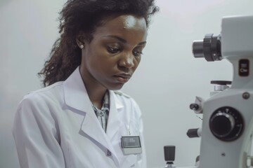 Health, machine, and black woman in lab, focus on experiment and wellness. Medical professional, African American female employee, or researcher with lab equipment, testing, or typing