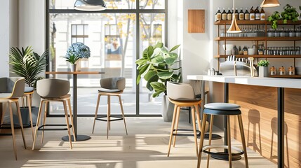 A contemporary coffee shop with a variety of seating options, including bar stools and cushioned chairs, on a white background.