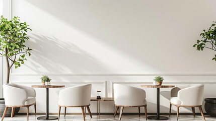 A modern coffee shop seating area with comfortable chairs, sleek tables, and a clean white background.