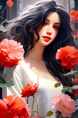 portrait of a woman with red flowers, a girl who loves flower, sharp detailed illustration, perfect composition, watercolor painting wallpaper