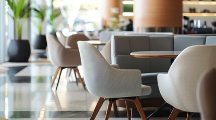 A modern coffee shop seating area with comfortable chairs, sleek tables, and a clean white background.