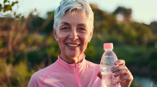 Face, water bottle, and senior woman relaxing in nature after sports training. Thinking, drinking water, retired Indian woman with fluids for health and wellness