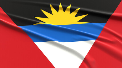 Antigua and Barbuda flag. Fabric textured Barbudan flag. 3D render illustration.