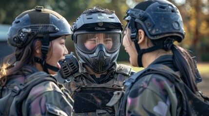 Paintball, strategy, or teamwork Hear ideas, discussions, or battlefield talk. Combat mission, tactical survival, and group discussion of fight or brainstorming