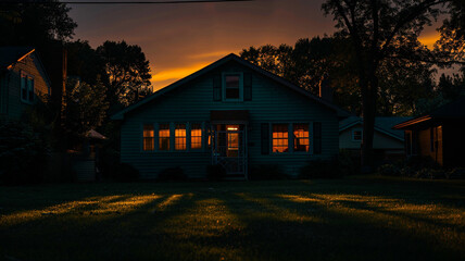 A silhouette of a dark teal house at sunset, with the warm light casting the house's shadow across the lawn.